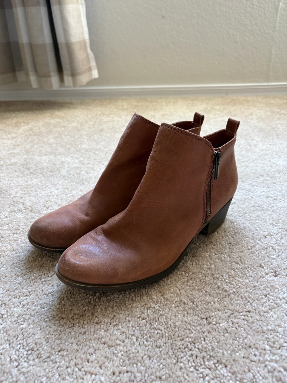 Lucky Brand Cognac Brown Leather Ankle Booties with Side Zip - Picture 2 of 6
